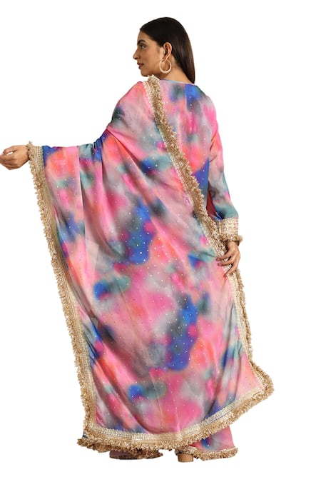 Shop_Wazir C_Multi Color Georgette Embroidery Collared Shaded Kurta Pant Set 