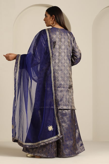 Shop_Wazir C_Blue Organza, Brocade Embroidery Mandarin Collar Mosaic Woven Kurta Pant Set _at_Aza_Fashions