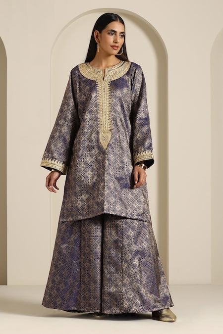 Shop_Wazir C_Blue Organza, Brocade Embroidery Mandarin Collar Mosaic Woven Kurta Pant Set _Online_at_Aza_Fashions