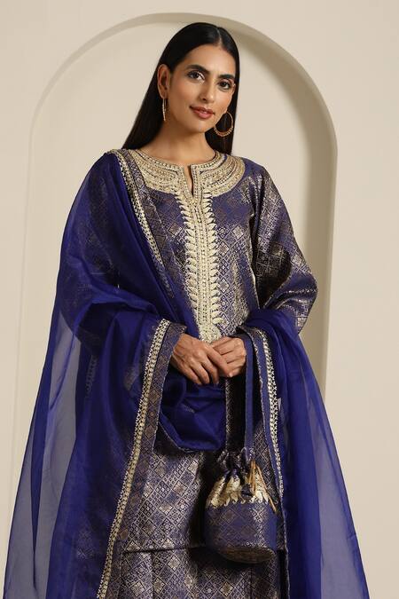 Buy_Wazir C_Blue Organza, Brocade Embroidery Mandarin Collar Mosaic Woven Kurta Pant Set 