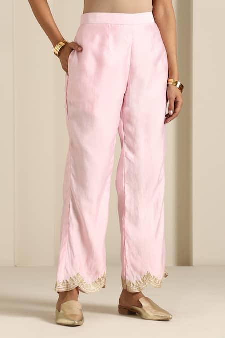 Wazir C_Pink Organza, Muslin Embroidery Round Neck Floral Thread Kurta Pant Set _Online_at_Aza_Fashions