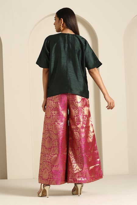 Shop_Wazir C_Green Silk, Brocade Embroidery Round Neck Tunic With Woven Pant _at_Aza_Fashions