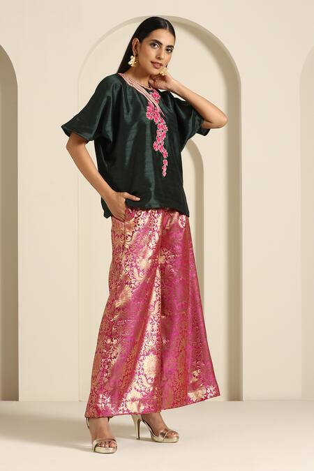 Buy_Wazir C_Green Silk, Brocade Embroidery Round Neck Tunic With Woven Pant _Online_at_Aza_Fashions