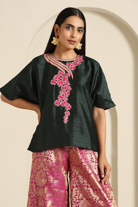 Shop_Wazir C_Green Silk, Brocade Embroidery Round Neck Tunic With Woven Pant _Online_at_Aza_Fashions