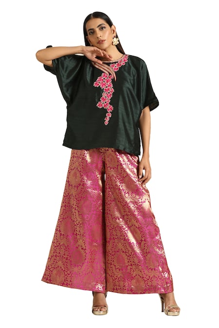 Wazir C Green Silk, Brocade Embroidery Round Neck Tunic With Woven Pant at Aza Fashions Wazir C_Green Silk, Brocade Embroidery Round Neck Tunic With Woven Pant _at_Aza_Fashions