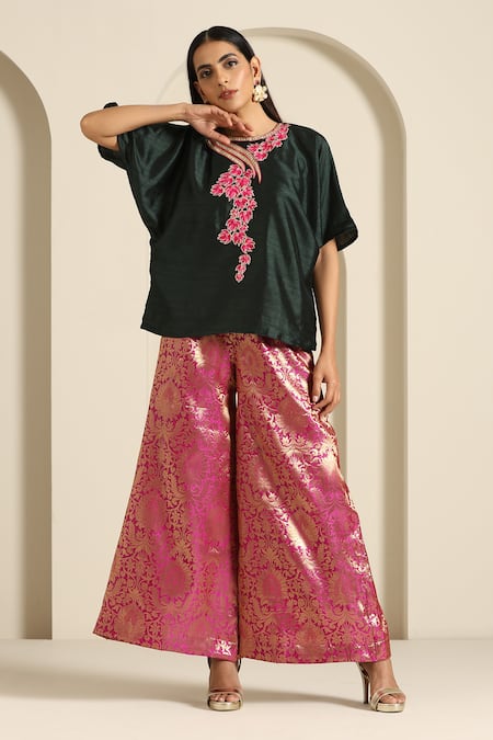 Buy_Wazir C_Green Silk, Brocade Embroidery Round Neck Tunic With Woven Pant 