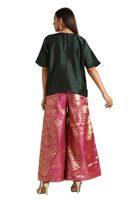 Shop Wazir C Green Silk, Brocade Embroidery Round Neck Tunic With Woven Pant Shop_Wazir C_Green Silk, Brocade Embroidery Round Neck Tunic With Woven Pant