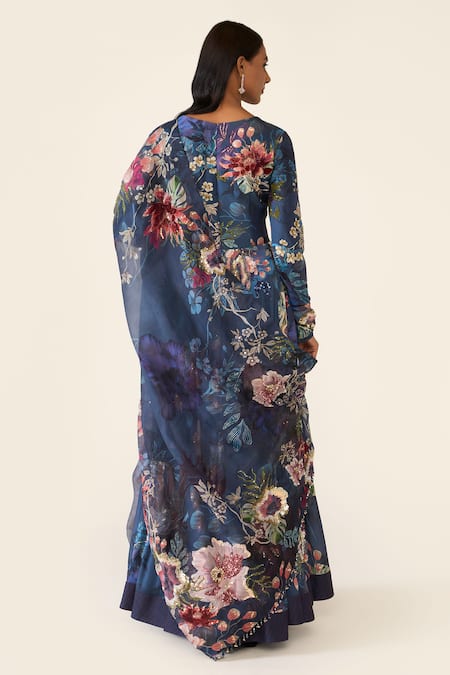 Shop_Varun Bahl_Blue Chanderi, Organza Sequins, Beads V-neck Floral Print Anarkali Trouser Set _at_Aza_Fashions