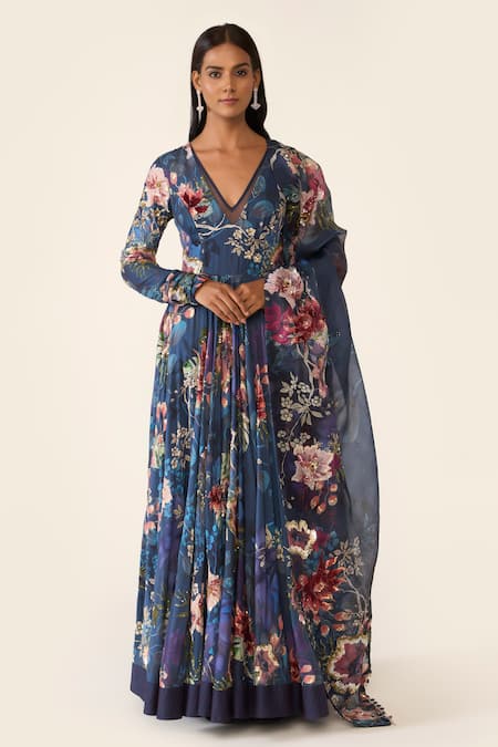 Varun Bahl_Blue Chanderi, Organza Sequins, Beads V-neck Floral Print Anarkali Trouser Set _Online_at_Aza_Fashions