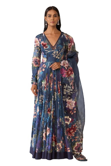 Buy_Varun Bahl_Blue Chanderi, Organza Sequins, Beads V-neck Floral Print Anarkali Trouser Set _Online_at_Aza_Fashions