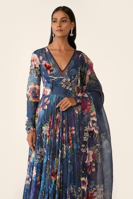 Shop_Varun Bahl_Blue Chanderi, Organza Sequins, Beads V-neck Floral Print Anarkali Trouser Set _Online_at_Aza_Fashions