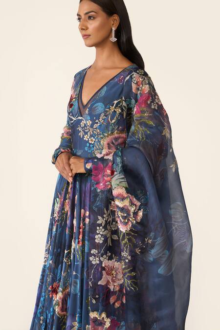 Varun Bahl_Blue Chanderi, Organza Sequins, Beads V-neck Floral Print Anarkali Trouser Set _at_Aza_Fashions
