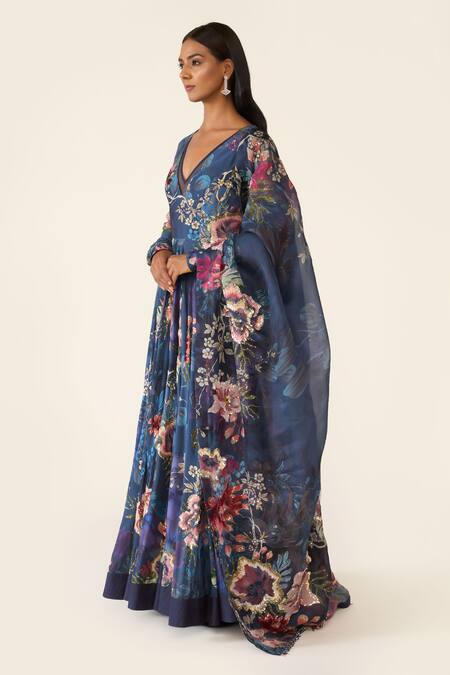 Buy_Varun Bahl_Blue Chanderi, Organza Sequins, Beads V-neck Floral Print Anarkali Trouser Set 