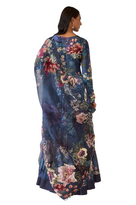 Shop_Varun Bahl_Blue Chanderi, Organza Sequins, Beads V-neck Floral Print Anarkali Trouser Set 