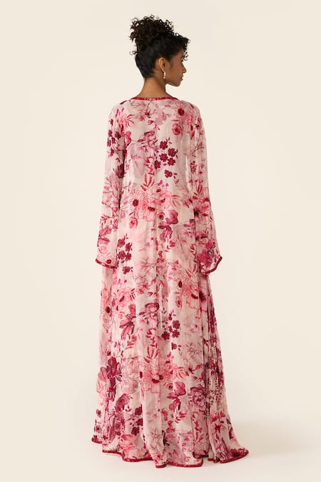 Shop_Varun Bahl_Pink Net, Georgette Beads, Embroidery Printed Cape Sharara Set _at_Aza_Fashions