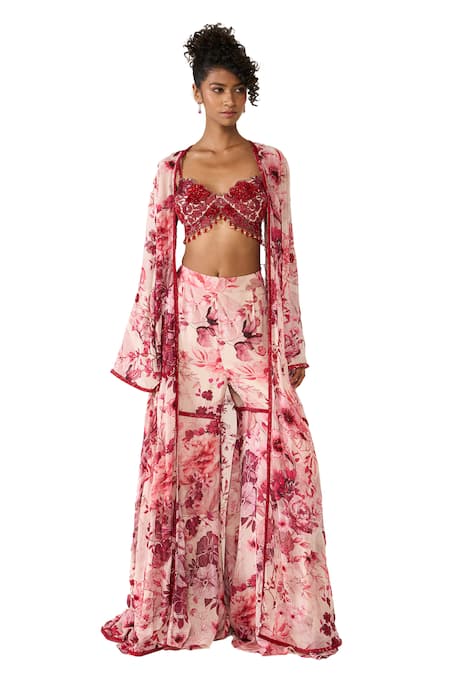 Buy_Varun Bahl_Pink Net, Georgette Beads, Embroidery Printed Cape Sharara Set _Online_at_Aza_Fashions