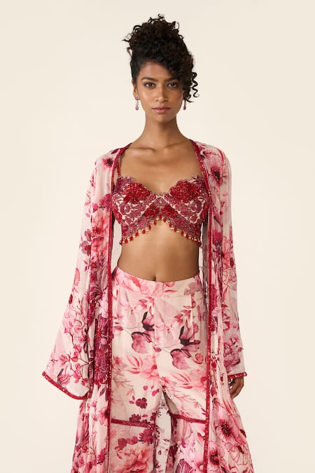 Shop_Varun Bahl_Pink Net, Georgette Beads, Embroidery Printed Cape Sharara Set _Online_at_Aza_Fashions