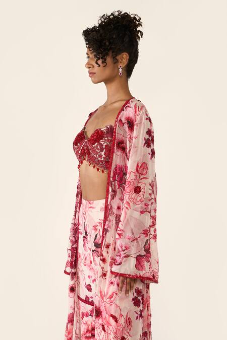 Varun Bahl_Pink Net, Georgette Beads, Embroidery Printed Cape Sharara Set _at_Aza_Fashions