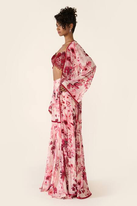 Buy_Varun Bahl_Pink Net, Georgette Beads, Embroidery Printed Cape Sharara Set 