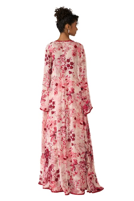 Shop_Varun Bahl_Pink Net, Georgette Beads, Embroidery Printed Cape Sharara Set 