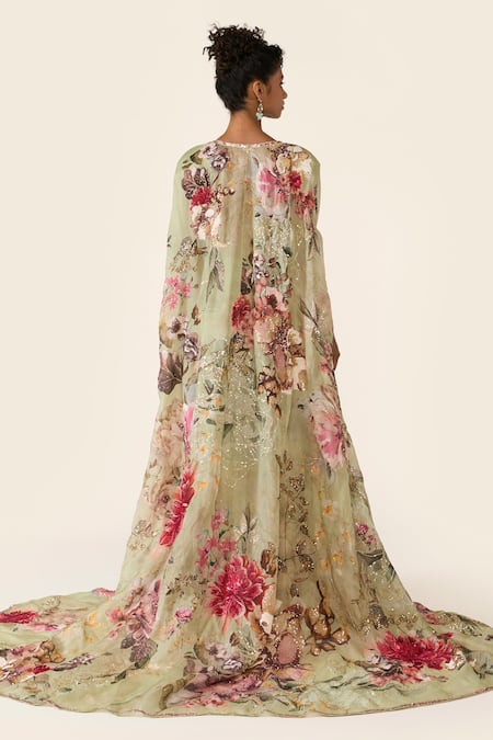 Shop_Varun Bahl_Green Organza, Georgette Sequins, Embroidery V-neck Floral Cape Trouser Set _at_Aza_Fashions
