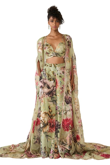 Varun Bahl_Green Organza, Georgette Sequins, Embroidery V-neck Floral Cape Trouser Set _Online_at_Aza_Fashions