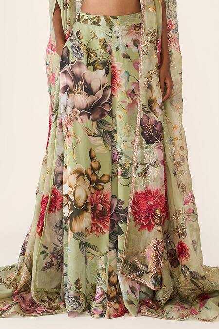 Buy_Varun Bahl_Green Organza, Georgette Sequins, Embroidery V-neck Floral Cape Trouser Set _Online_at_Aza_Fashions