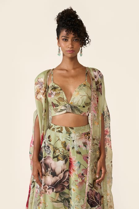 Shop_Varun Bahl_Green Organza, Georgette Sequins, Embroidery V-neck Floral Cape Trouser Set _Online_at_Aza_Fashions