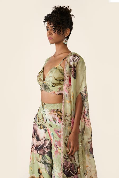 Varun Bahl_Green Organza, Georgette Sequins, Embroidery V-neck Floral Cape Trouser Set _at_Aza_Fashions