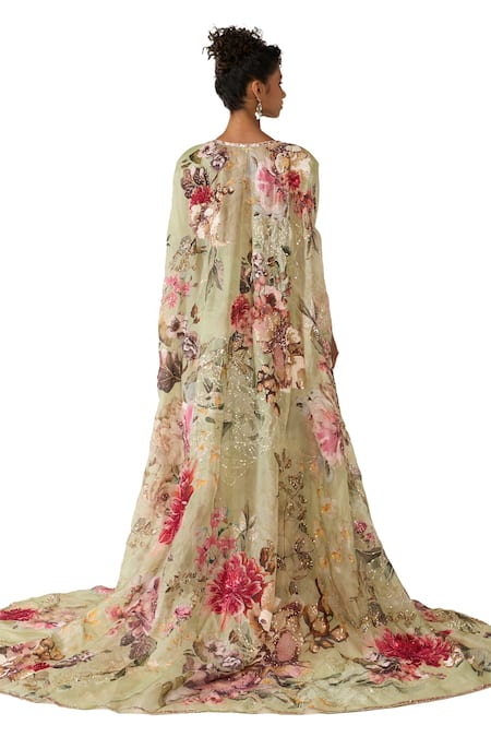 Buy_Varun Bahl_Green Organza, Georgette Sequins, Embroidery V-neck Floral Cape Trouser Set 