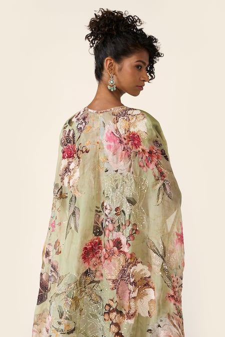 Shop_Varun Bahl_Green Organza, Georgette Sequins, Embroidery V-neck Floral Cape Trouser Set 