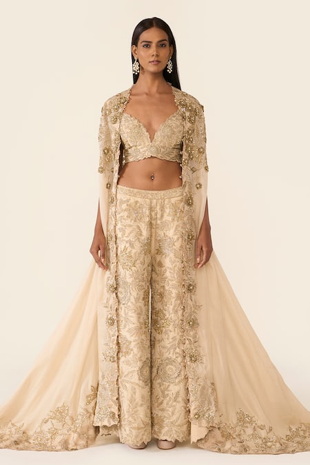 Varun Bahl Gold Organza Embroidered Dori V Neck Floral Cape Trouser Set  