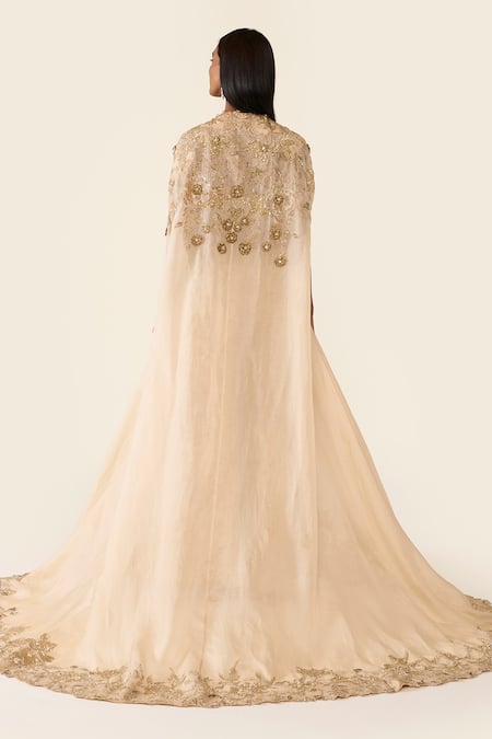 Shop Varun Bahl Gold Organza, Lurex Embroidery, Sequins, Cut Work Floral Cape Trouser Set at Aza Fashions Shop_Varun Bahl_Gold Organza, Lurex Embroidery, Sequins, Cut Work Floral Cape Trouser Set _at_Aza_Fashions