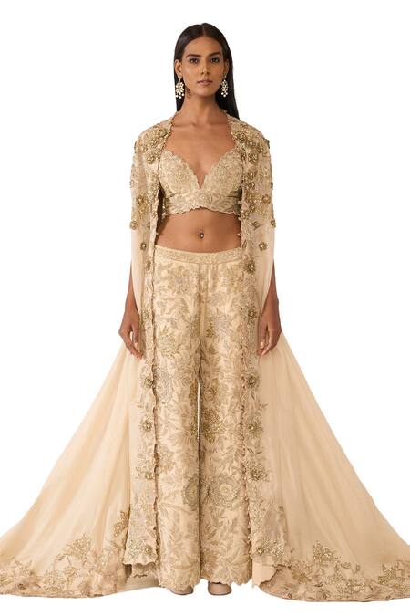 Varun Bahl Gold Organza, Lurex Embroidery, Sequins, Cut Work Floral Cape Trouser Set Online at Aza Fashions Varun Bahl_Gold Organza, Lurex Embroidery, Sequins, Cut Work Floral Cape Trouser Set _Online_at_Aza_Fashions
