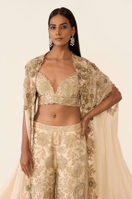 Shop Varun Bahl Gold Organza, Lurex Embroidery, Sequins, Cut Work Floral Cape Trouser Set Online at Aza Fashions Shop_Varun Bahl_Gold Organza, Lurex Embroidery, Sequins, Cut Work Floral Cape Trouser Set _Online_at_Aza_Fashions