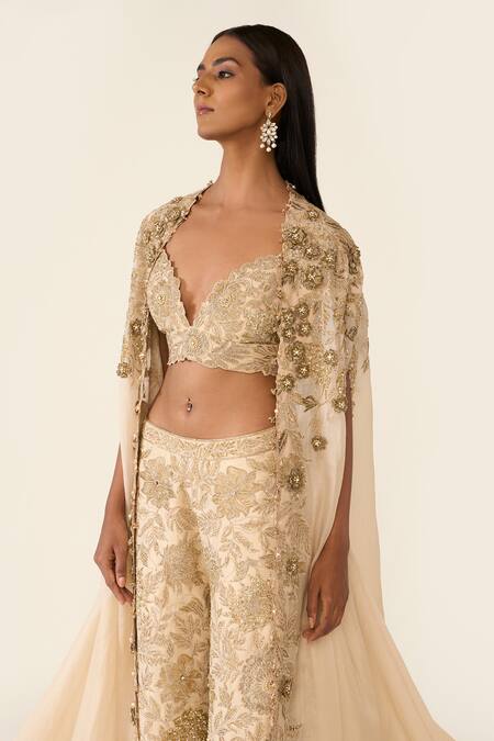 Varun Bahl Gold Organza, Lurex Embroidery, Sequins, Cut Work Floral Cape Trouser Set at Aza Fashions Varun Bahl_Gold Organza, Lurex Embroidery, Sequins, Cut Work Floral Cape Trouser Set _at_Aza_Fashions