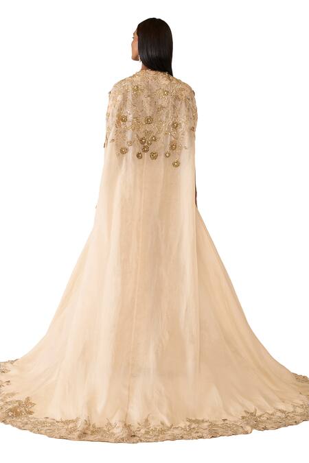 Shop Varun Bahl Gold Organza, Lurex Embroidery, Sequins, Cut Work Floral Cape Trouser Set Shop_Varun Bahl_Gold Organza, Lurex Embroidery, Sequins, Cut Work Floral Cape Trouser Set
