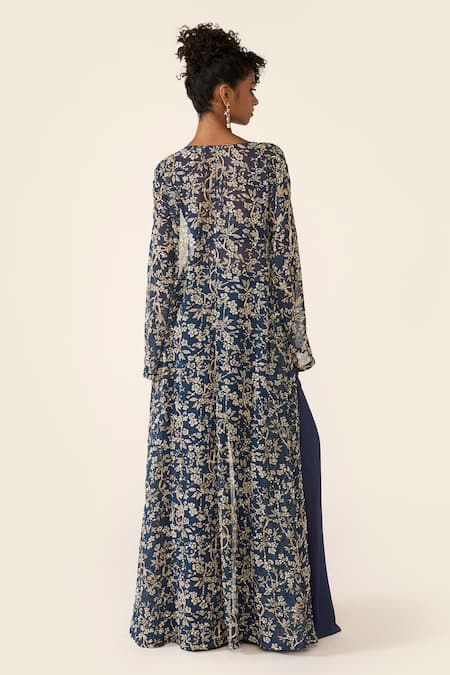 Shop_Varun Bahl_Blue Organza, Lurex Embroidery, Sequins V-neck Printed Cape Trouser Set _at_Aza_Fashions