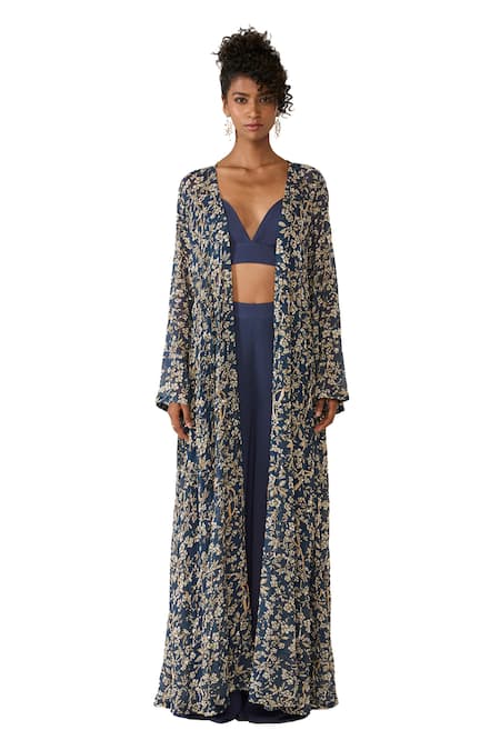 Varun Bahl_Blue Organza, Lurex Embroidery, Sequins V-neck Printed Cape Trouser Set _Online_at_Aza_Fashions