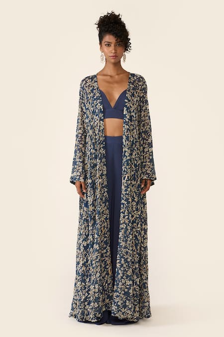 Buy_Varun Bahl_Blue Organza, Lurex Embroidery, Sequins V-neck Printed Cape Trouser Set _Online_at_Aza_Fashions