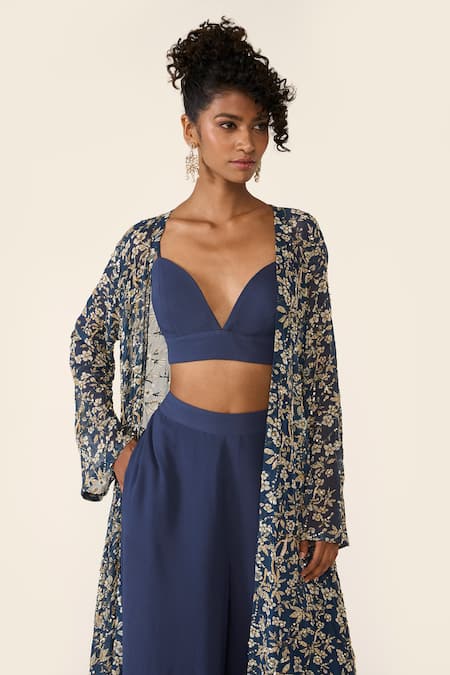 Shop_Varun Bahl_Blue Organza, Lurex Embroidery, Sequins V-neck Printed Cape Trouser Set _Online_at_Aza_Fashions