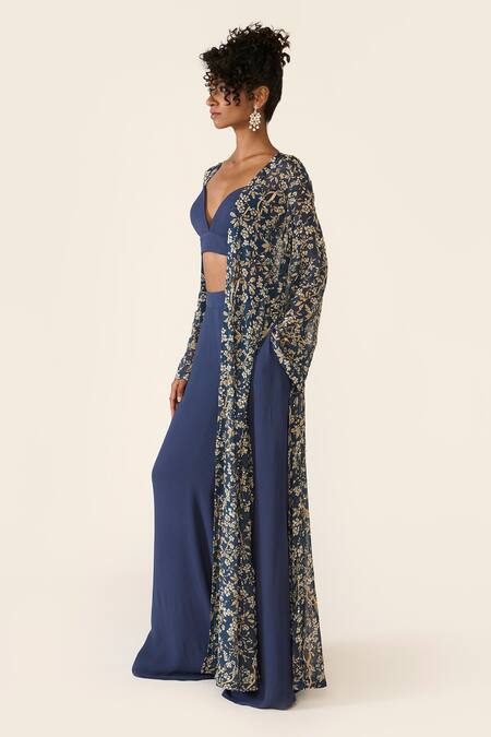 Varun Bahl_Blue Organza, Lurex Embroidery, Sequins V-neck Printed Cape Trouser Set _at_Aza_Fashions