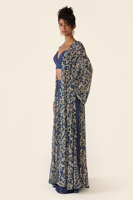Buy_Varun Bahl_Blue Organza, Lurex Embroidery, Sequins V-neck Printed Cape Trouser Set 