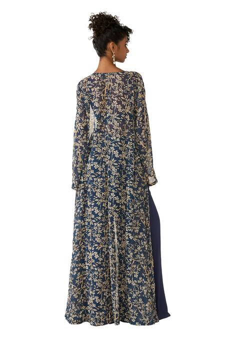 Shop_Varun Bahl_Blue Organza, Lurex Embroidery, Sequins V-neck Printed Cape Trouser Set 