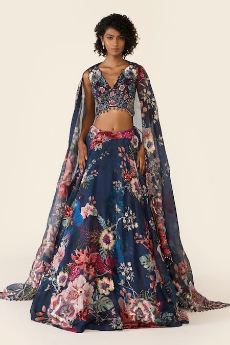 Varun Bahl_Blue Organza Sequins, Cut Work, Embroidery V-neck And Bead Printed Lehenga Set _Online_at_Aza_Fashions