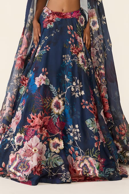 Buy_Varun Bahl_Blue Organza Sequins, Cut Work, Embroidery V-neck And Bead Printed Lehenga Set _Online_at_Aza_Fashions