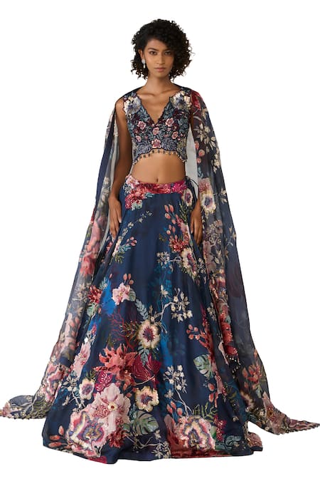 Shop_Varun Bahl_Blue Organza Sequins, Cut Work, Embroidery V-neck And Bead Printed Lehenga Set _Online_at_Aza_Fashions