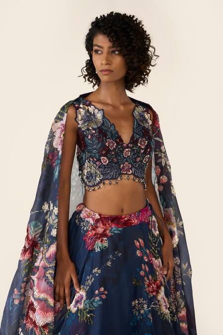 Varun Bahl_Blue Organza Sequins, Cut Work, Embroidery V-neck And Bead Printed Lehenga Set _at_Aza_Fashions