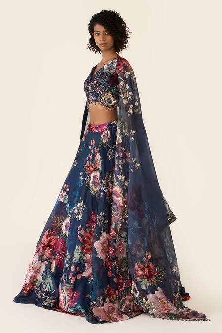Buy_Varun Bahl_Blue Organza Sequins, Cut Work, Embroidery V-neck And Bead Printed Lehenga Set 