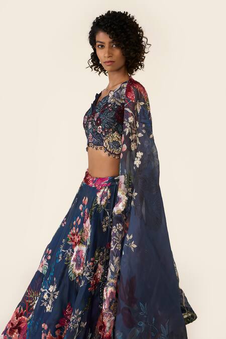 Shop_Varun Bahl_Blue Organza Sequins, Cut Work, Embroidery V-neck And Bead Printed Lehenga Set 